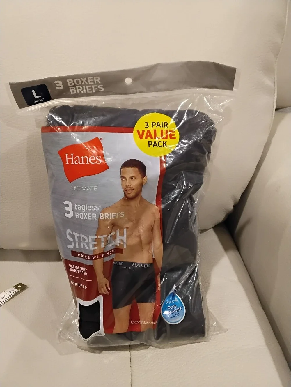 NWT Hanes 3 Pack Black Boxer Briefs Large